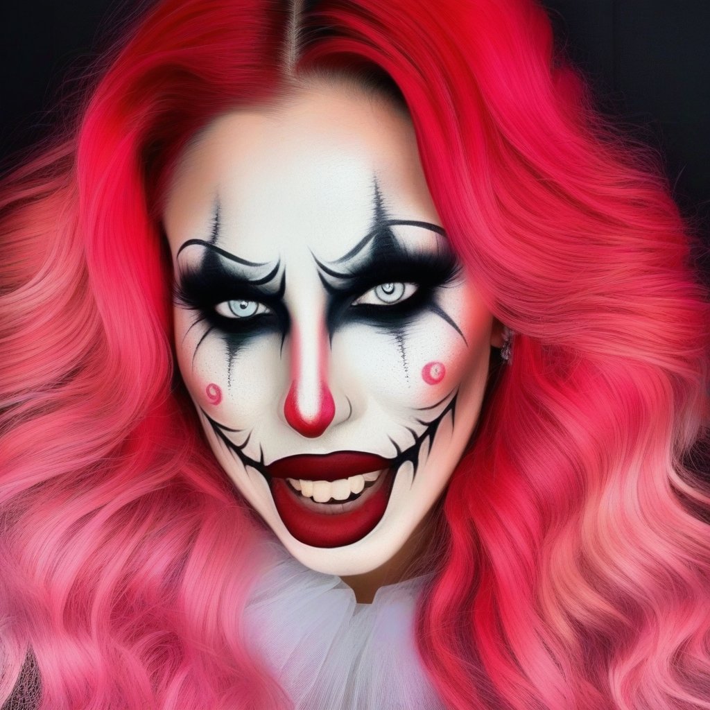 A photorealistic portrait of a young girl, 1girl, solo, white face, red and pink hair, halloween face art, red lips, large teeth, dengerious smile on face, makeup, dark ghostly background, realestic, ultra detailed, ultra realistic, 8k quality