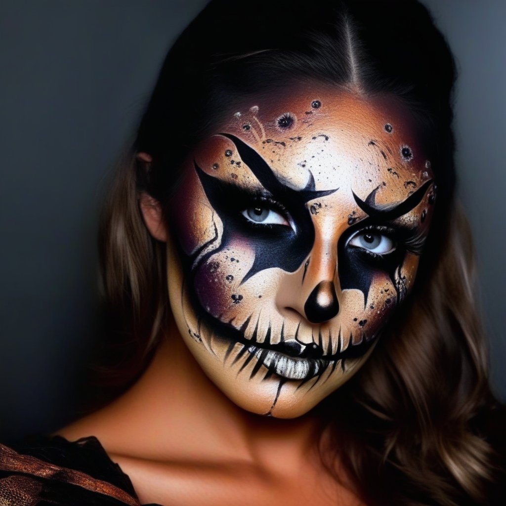 A photorealistic portrait of a young girl, 1girl, solo, halloween face art, makeup, dark background, realestic, ultra detailed, ultra realistic, 8k quality