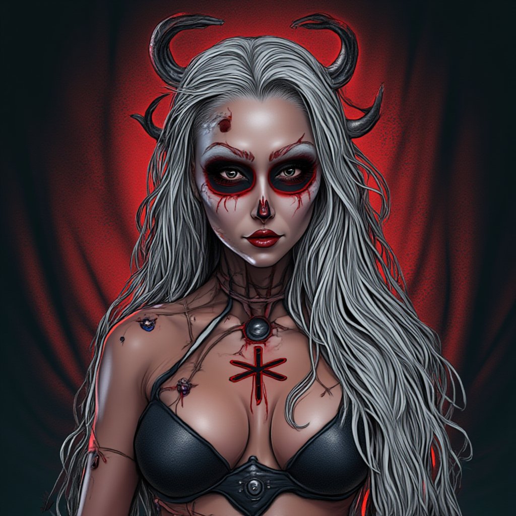 Masterpiece, High quality, illustration, 1girl, solo, long hair, horror background, bikini, upperbody, white hair, parted lips, horns, lips, bandages, cross, facing viewer, bandaged arm, stitches, horror theme, Face_Paint, FluxBoost