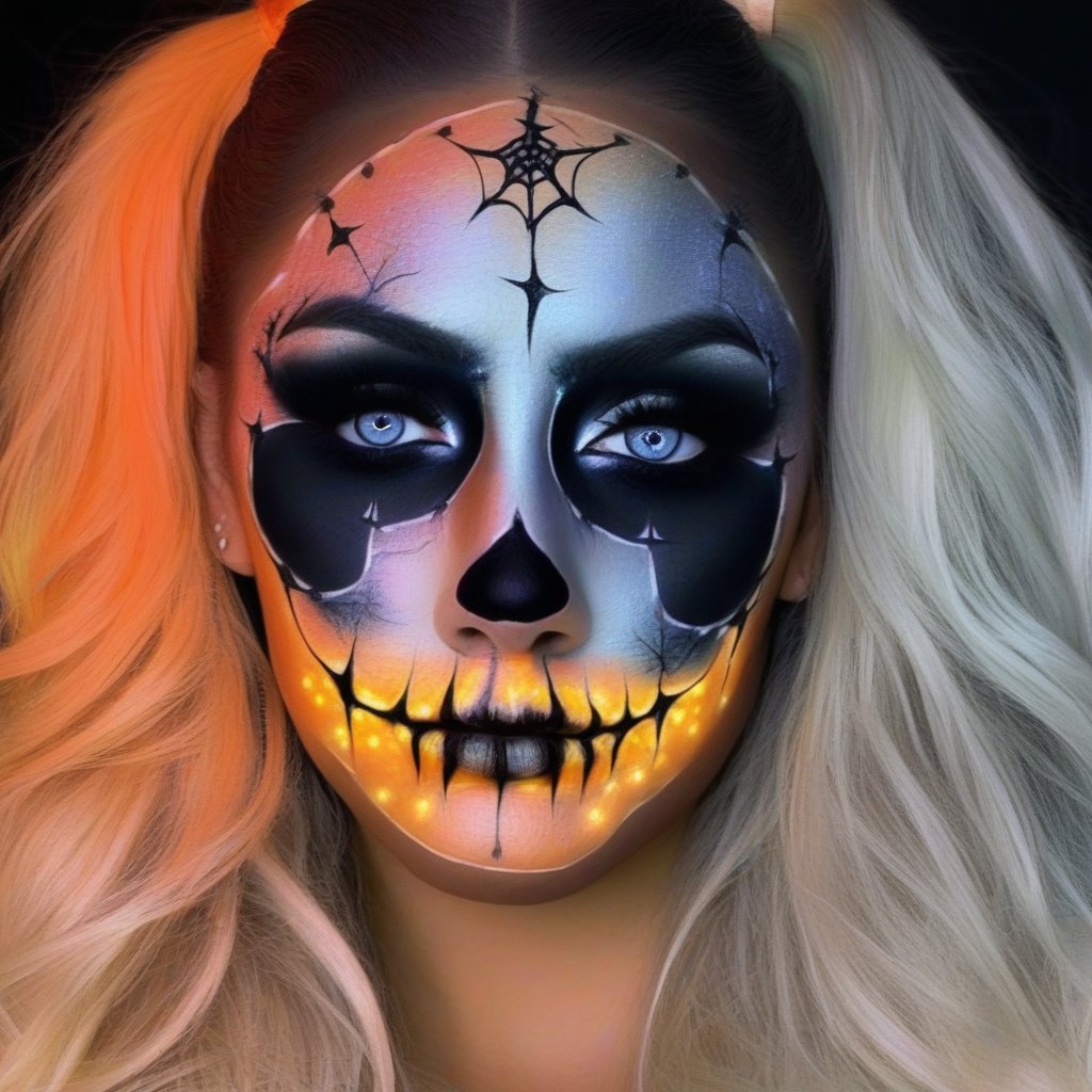 A photorealistic portrait of a young girl, 1girl, solo, halloween face art, makeup, dark background, realestic, ultra detailed, ultra realistic, 8k quality