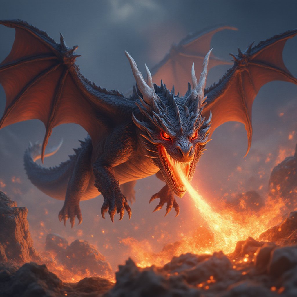 masterpiece, high quality, illustration, solo, dragon flying and firing from mouth, open mouth, teeth, burning the land, red eye, coludy sky, light reflection, FluxBoost, dragon