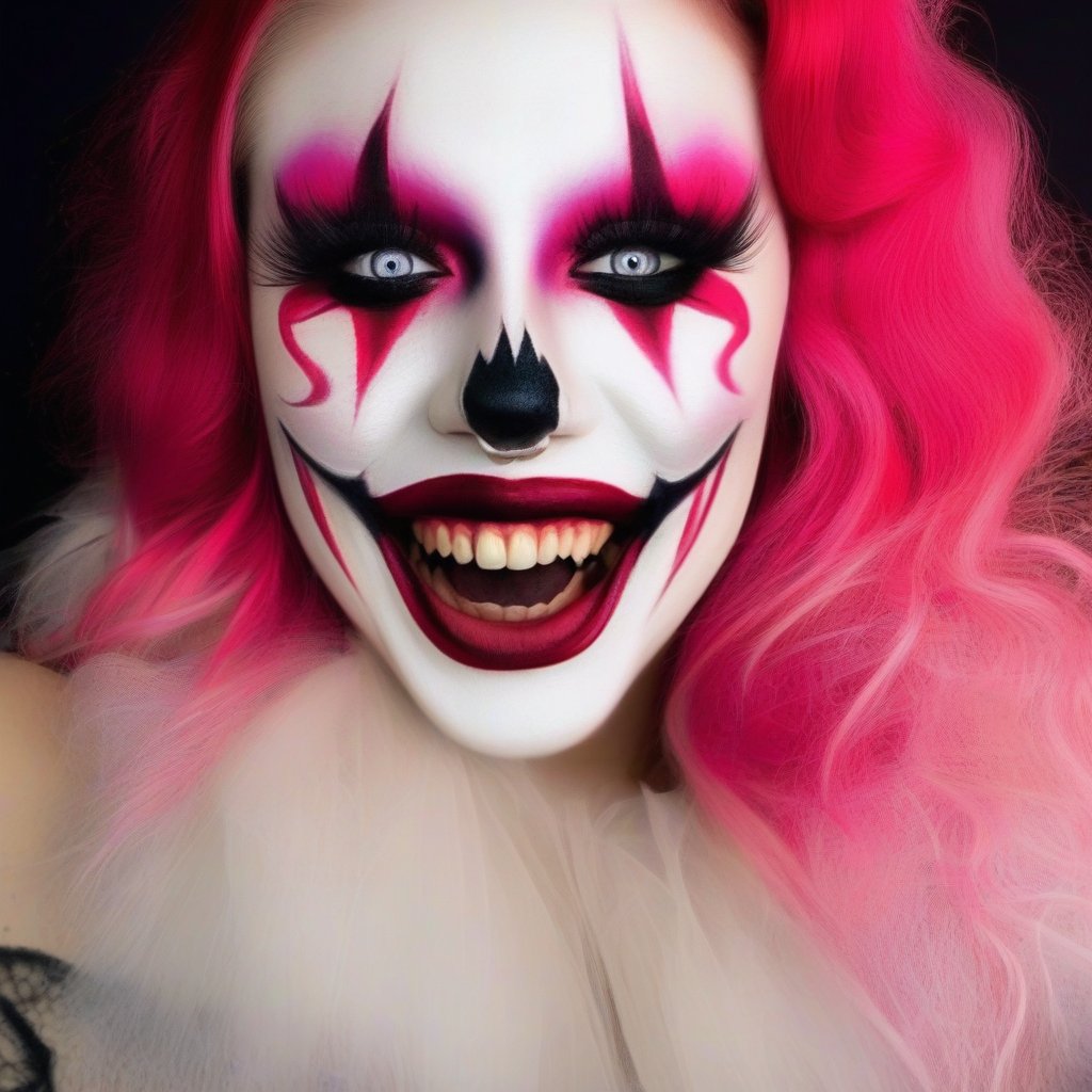 A photorealistic portrait of a young girl, 1girl, solo, white face, red and pink hair, halloween face art, red lips, large teeth, dengerious smile on face, makeup, dark ghostly background, realestic, ultra detailed, ultra realistic, 8k quality