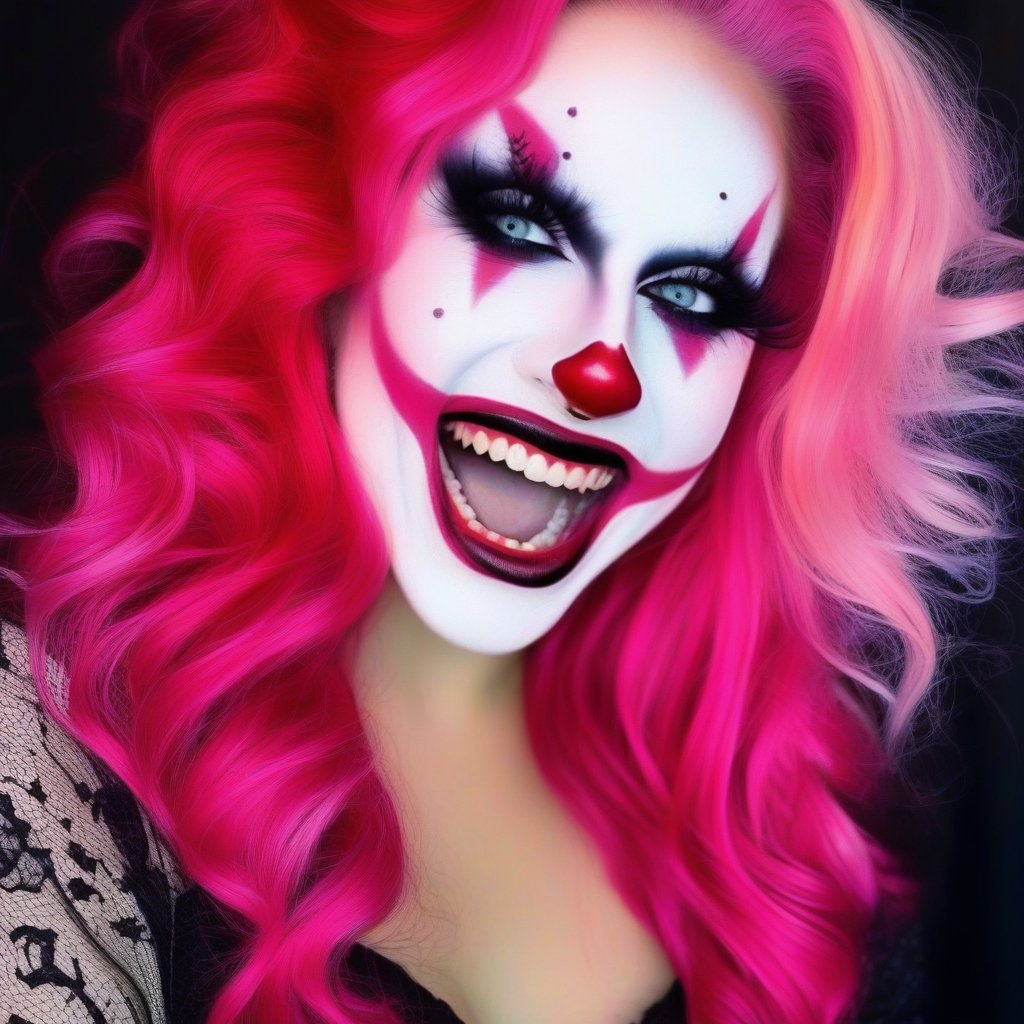 A photorealistic portrait of a young girl, 1girl, solo, red and pink hair, halloween face art, red lips, large teeth, dengerious smile on face, makeup, dark ghostly background, realestic, ultra detailed, ultra realistic, 8k quality