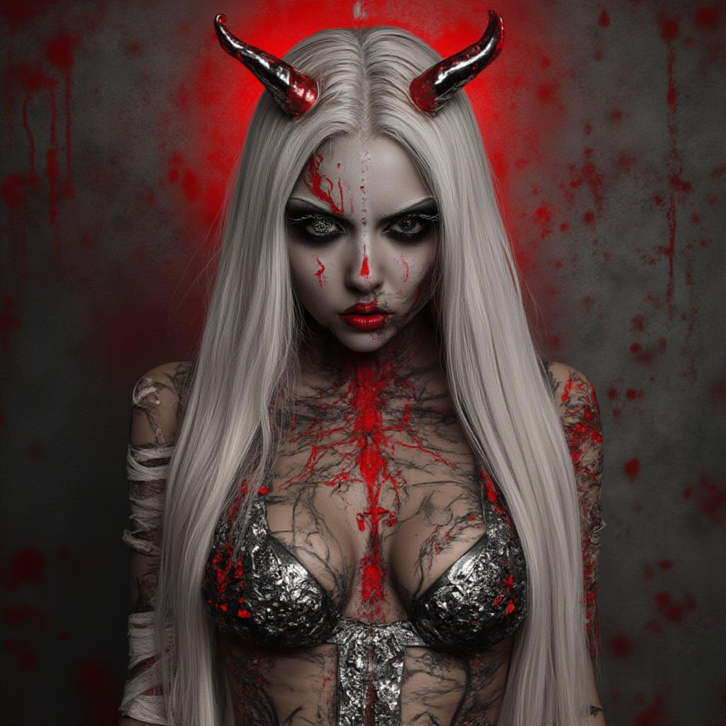 Masterpiece, High quality, illustration, 1girl, solo, long hair, horror background, bikini, upperbody, white hair, parted lips, horns, lips, bandages, cross, facing viewer, bandaged arm, stitches, horror theme, Face_Paint, FluxBoost