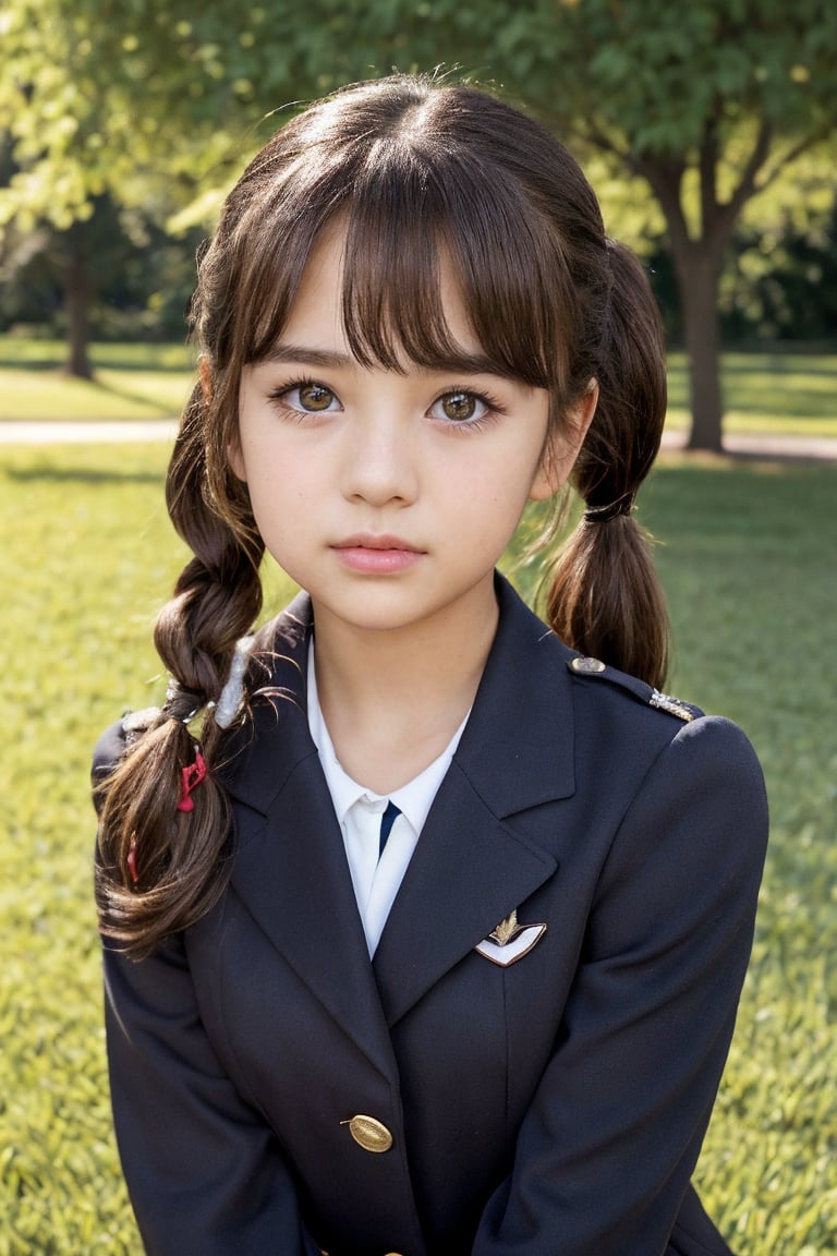 Cute little girl in uniform, tender moment photographed on the grass in the park:1girl A 12-year-old brown-eyed girl with a youthful glow. Her hair is brown and pulled into a ponytail with blunt bangs that frame her angelic features. Creates a gentle atmosphere. flat chest.