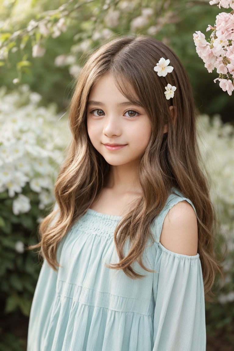 "An image of a young girl around 11 years old, with light brown hair in soft waves reaching her shoulders. She is wearing a pastel-colored dress, with a gentle smile on her face. Her large, curious eyes are light blue, and she is standing in a peaceful garden surrounded by blooming flowers and soft sunlight filtering through the trees. The background has a natural, serene atmosphere with vibrant greens and colorful blossoms."