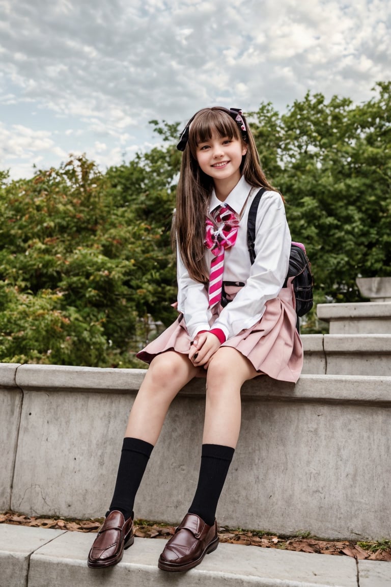 A stunning 16K UHD image of a beautiful cute girl sitting provocative on stairs, wearing a school uniform with brown hair styled in bangs and a hair ribbon, pleated skirt, black socks, loafers, and a neckerchief. She sits with slender hands holding a pink and a stuffed owl toy (kero). The background features an intricate depiction of a serene outdoor setting at dusk, with clouds, petals, leaves, and a railing. The girl looks directly at the viewer with a bright smile and sparkling eyes, surrounded by vivid colors and high contrast. Her long hair flows gently in the wind, and her school bag sits beside her on the stairs. In her lap, she cradles a cute stuffed penguin toy.