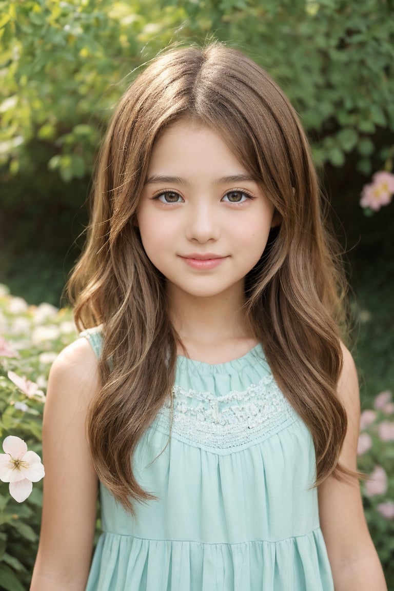 "An image of a young girl around 11 years old, with light brown hair in soft waves reaching her shoulders. She is wearing a pastel-colored dress, with a gentle smile on her face. Her large, curious eyes are light blue, and she is standing in a peaceful garden surrounded by blooming flowers and soft sunlight filtering through the trees. The background has a natural, serene atmosphere with vibrant greens and colorful blossoms."