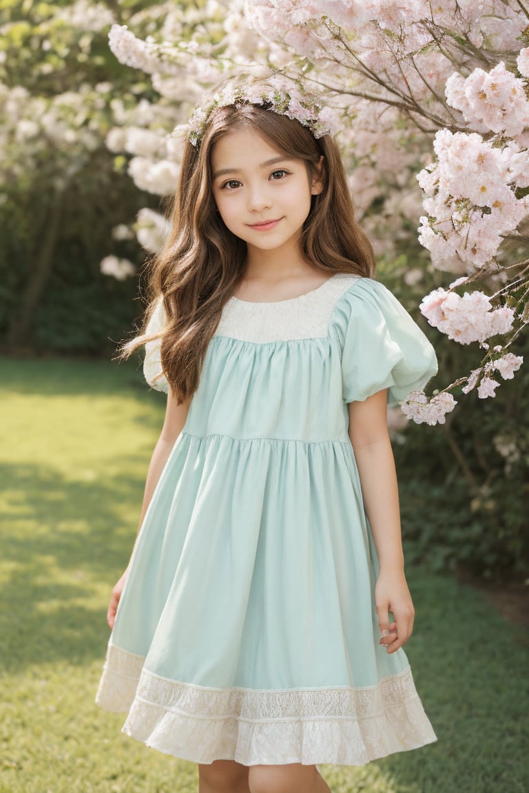 "An image of a young girl around 11 years old, with light brown hair in soft waves reaching her shoulders. She is wearing a pastel-colored dress, with a gentle smile on her face. Her large, curious eyes are light blue, and she is standing in a peaceful garden surrounded by blooming flowers and soft sunlight filtering through the trees. The background has a natural, serene atmosphere with vibrant greens and colorful blossoms."