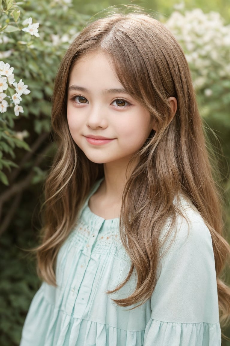 "An image of a young girl around 11 years old, with light brown hair in soft waves reaching her shoulders. She is wearing a pastel-colored dress, with a gentle smile on her face. Her large, curious eyes are light blue, and she is standing in a peaceful garden surrounded by blooming flowers and soft sunlight filtering through the trees. The background has a natural, serene atmosphere with vibrant greens and colorful blossoms."