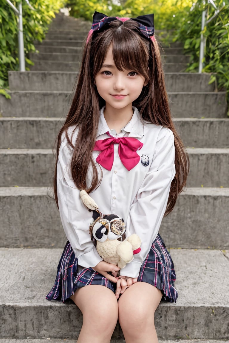 A stunning 16K UHD image of a beautiful cute girl sitting provocative on stairs, wearing a school uniform with brown hair styled in bangs and a hair ribbon, pleated skirt, black socks, loafers, and a neckerchief. She sits with slender hands holding a pink and a stuffed owl toy (kero). The background features an intricate depiction of a serene outdoor setting at dusk, with clouds, petals, leaves, and a railing. The girl looks directly at the viewer with a bright smile and sparkling eyes, surrounded by vivid colors and high contrast. Her long hair flows gently in the wind, and her school bag sits beside her on the stairs. In her lap, she cradles a cute stuffed penguin toy.