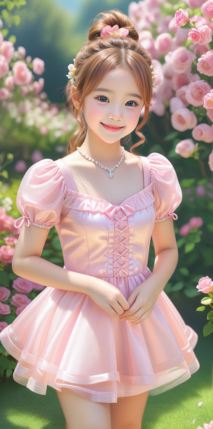 (((flat Chest))),infant body shape,11yo,A stunning 16K UHD image of a young cute girl standing in rose garden, see-through pink dress,very mini dress, knees away,loli,earrings, hair ornament, hair flower,female child,ponytail,high ponytail,side ponytail,on_side,brown hair , Supine PositionThe girl looks directly at the viewer with a bright smile and sparkling eyes, surrounded by vivid colors and high contrast.,legs_apart,leaning_back,looking_at_viewer