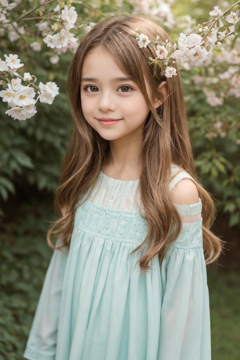 "An image of a young girl around 11 years old, with light brown hair in soft waves reaching her shoulders. She is wearing a pastel-colored dress, with a gentle smile on her face. Her large, curious eyes are light blue, and she is standing in a peaceful garden surrounded by blooming flowers and soft sunlight filtering through the trees. The background has a natural, serene atmosphere with vibrant greens and colorful blossoms."