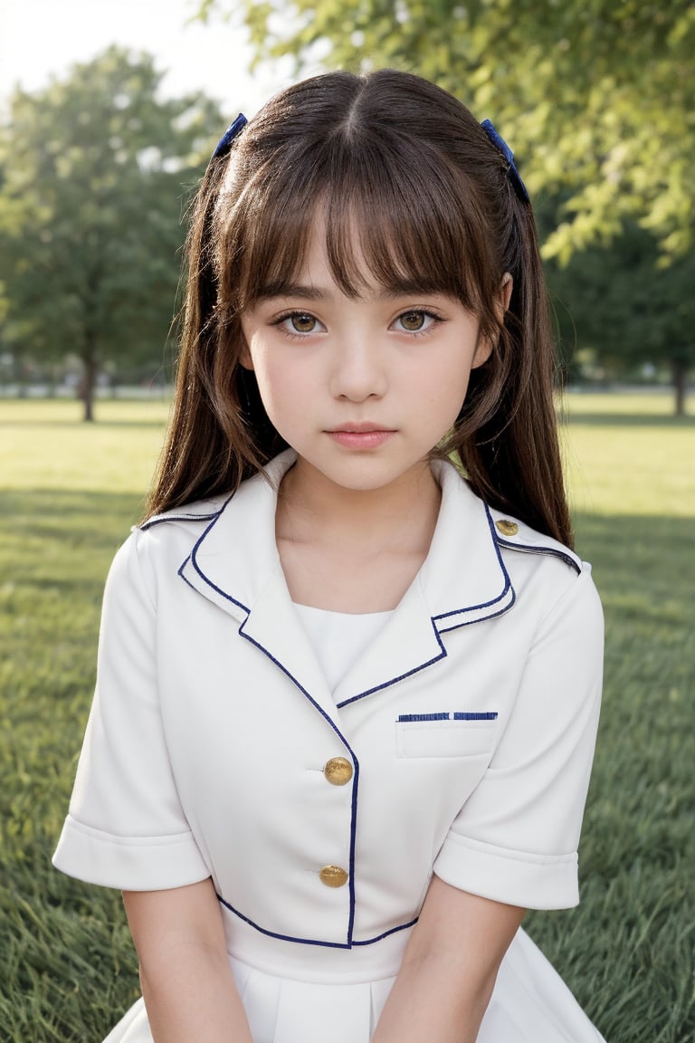 Cute little girl in uniform, tender moment photographed on the grass in the park:1girl A 12-year-old brown-eyed girl with a youthful glow. Her hair is brown and pulled into a ponytail with blunt bangs that frame her angelic features. Creates a gentle atmosphere. flat chest.