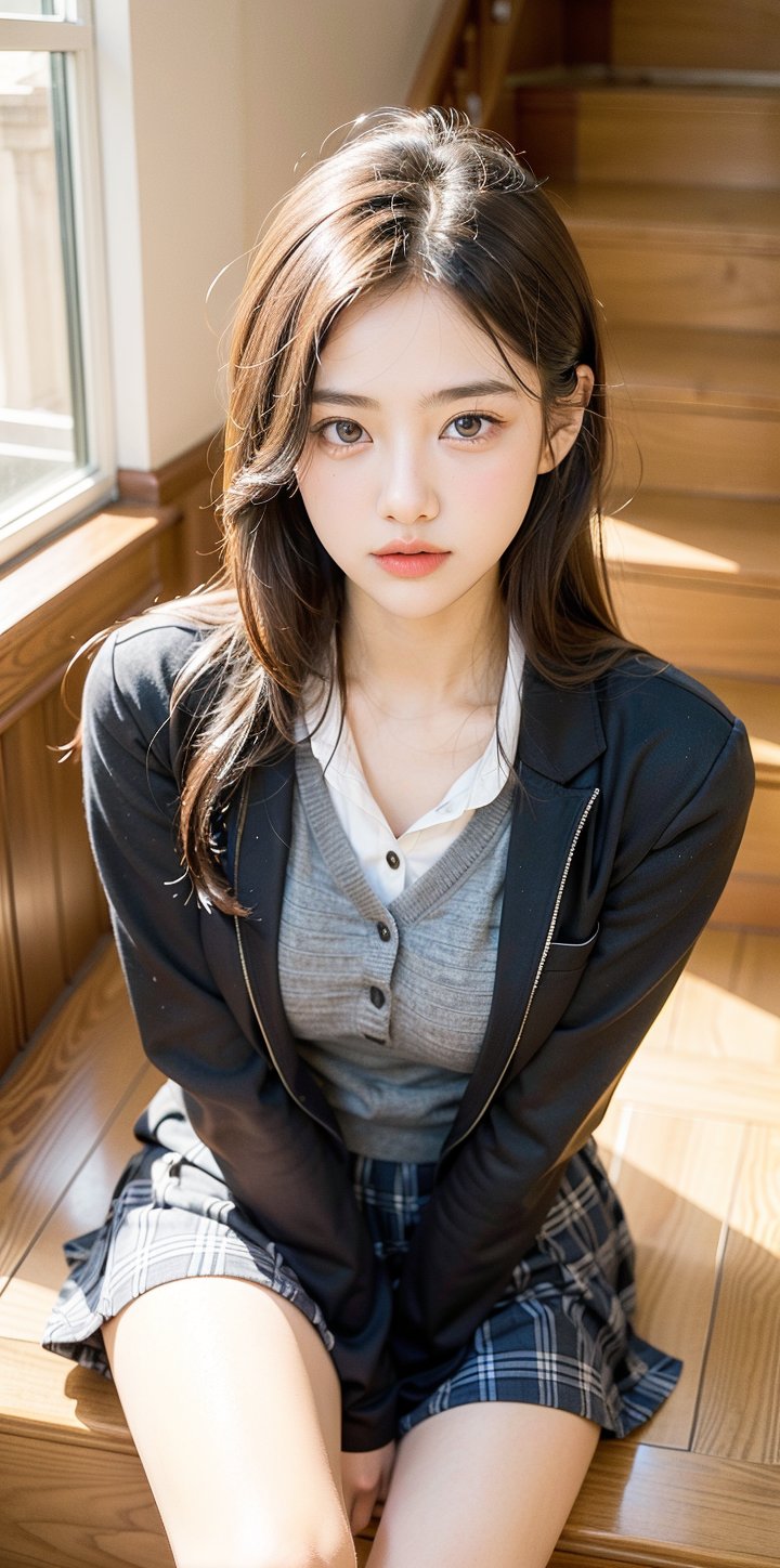 high school student,girl,school uniform,sitting on stair,Best Quality, 32k, photorealistic, ultra-detailed, finely detailed, high resolution, perfect dynamic composition, beautiful detailed eyes, sharp-focus, cowboy_shot