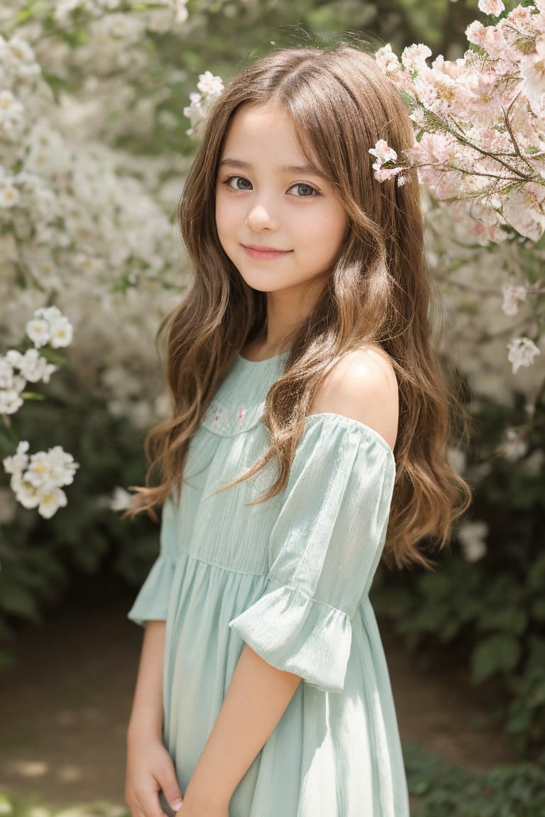 "An image of a young girl around 11 years old, with light brown hair in soft waves reaching her shoulders. She is wearing a pastel-colored dress, with a gentle smile on her face. Her large, curious eyes are light blue, and she is standing in a peaceful garden surrounded by blooming flowers and soft sunlight filtering through the trees. The background has a natural, serene atmosphere with vibrant greens and colorful blossoms."