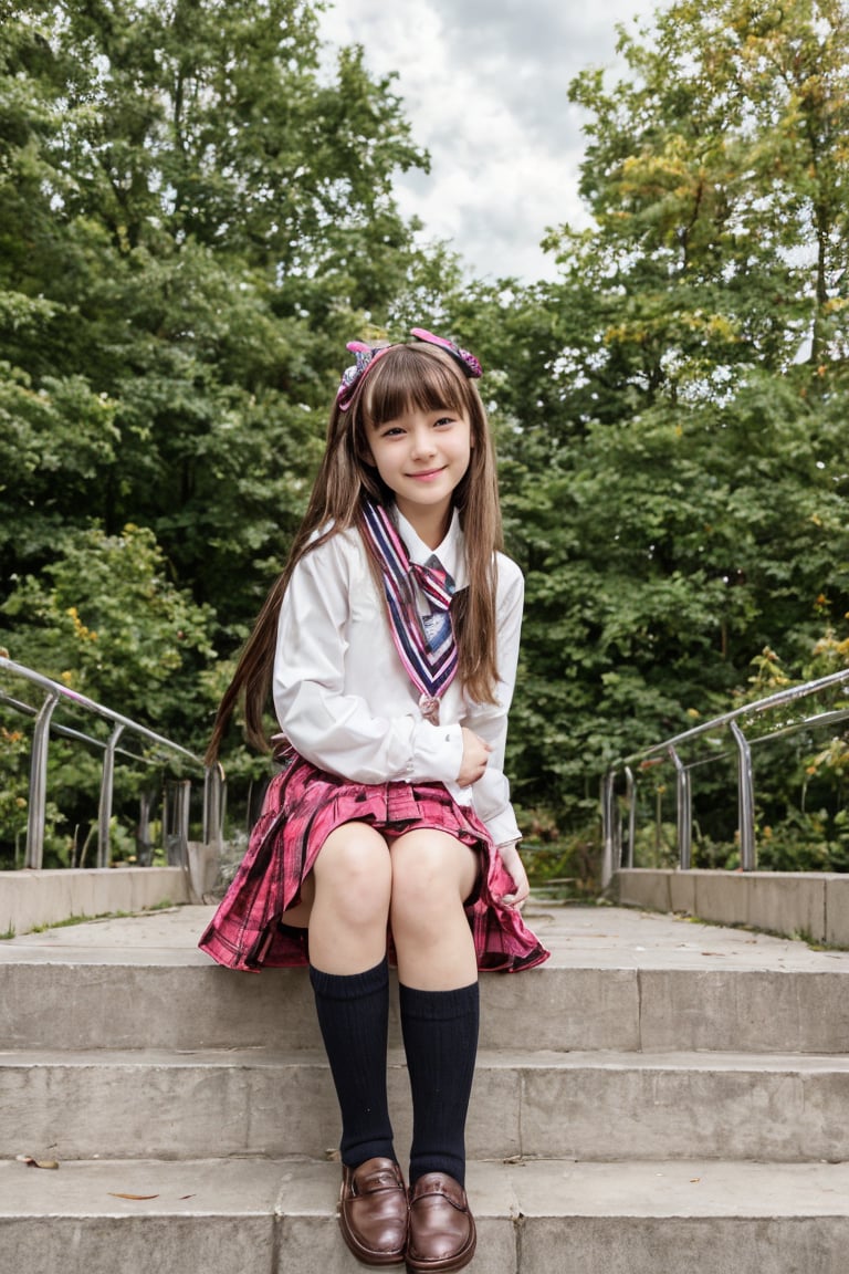 A stunning 16K UHD image of a beautiful cute girl sitting provocative on stairs, wearing a school uniform with brown hair styled in bangs and a hair ribbon, pleated skirt, black socks, loafers, and a neckerchief. She sits with slender hands holding a pink and a stuffed owl toy (kero). The background features an intricate depiction of a serene outdoor setting at dusk, with clouds, petals, leaves, and a railing. The girl looks directly at the viewer with a bright smile and sparkling eyes, surrounded by vivid colors and high contrast. Her long hair flows gently in the wind, and her school bag sits beside her on the stairs. In her lap, she cradles a cute stuffed penguin toy.