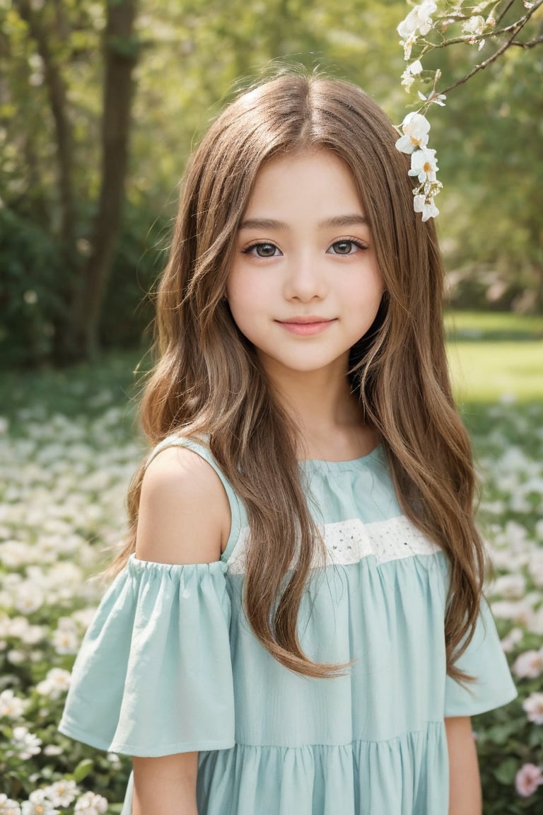 "An image of a young girl around 11 years old, with light brown hair in soft waves reaching her shoulders. She is wearing a pastel-colored dress, with a gentle smile on her face. Her large, curious eyes are light blue, and she is standing in a peaceful garden surrounded by blooming flowers and soft sunlight filtering through the trees. The background has a natural, serene atmosphere with vibrant greens and colorful blossoms."