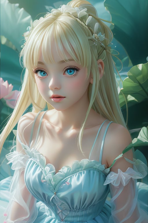 Flat Chest, (Very detailed), Very beautiful platinum blonde super long straight silky hair, Cute light blue princess dress,(Frill dress),(Short sleeve),Such beautiful, big, blue eyes, big eyes,ponytail,Half Up, full body shot, Body, close, face, cute lol face, Look forward, 15-year-old, Teenage Girl,No tail,(No tail),2D, masterpiece, Highest quality, And soul, Detailed eyes, detailed face, blonde Beautiful girl, Just One, blonde super long straight hair, (blonde), Bangs between the eyes, Hair above the eyes, Hair above the eyes, Ear hair, , Single Blade, (Single Blade) ), (Side Blade), Pink Ribbon, Ribbon on neck, (White sleeves), Background blur, Small face beautiful girl, Cheek highlight,xuer Lotus leaf