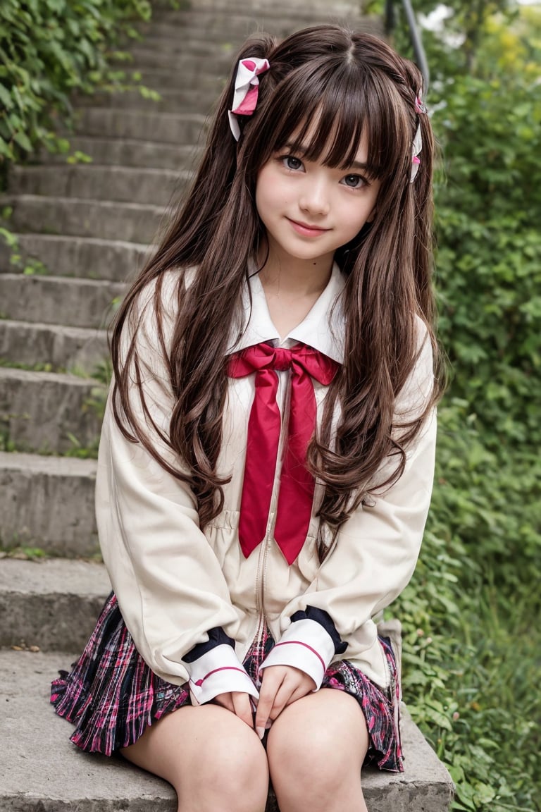 A stunning 16K UHD image of a beautiful cute girl sitting provocative on stairs, wearing a school uniform with brown hair styled in bangs and a hair ribbon, pleated skirt, black socks, loafers, and a neckerchief. She sits with slender hands holding a pink and a stuffed owl toy (kero). The background features an intricate depiction of a serene outdoor setting at dusk, with clouds, petals, leaves, and a railing. The girl looks directly at the viewer with a bright smile and sparkling eyes, surrounded by vivid colors and high contrast. Her long hair flows gently in the wind, and her school bag sits beside her on the stairs. In her lap, she cradles a cute stuffed penguin toy.