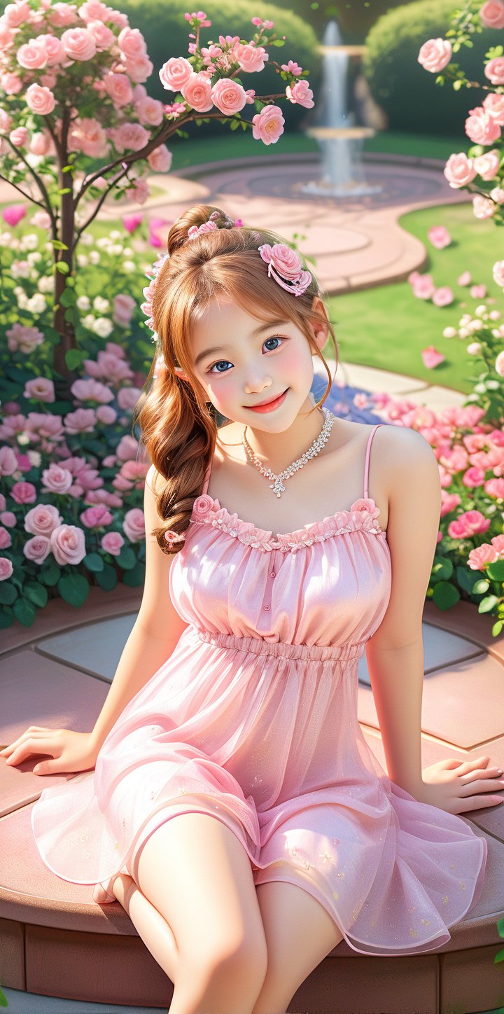 (((flat Chest))),infant body shape,11yo,A stunning 16K UHD image of a young cute girl standing in rose garden, see-through pink dress,very mini dress, knees away,loli,earrings, hair ornament, hair flower,female child,ponytail,high ponytail,side ponytail,on_side,brown hair , Supine PositionThe girl looks directly at the viewer with a bright smile and sparkling eyes, surrounded by vivid colors and high contrast.,legs_apart,leaning_back,looking_at_viewer