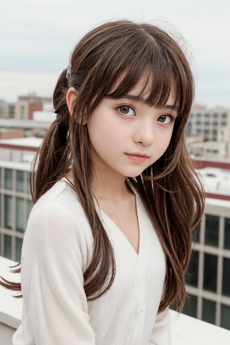 A cute magical girl with a small face, a tender moment taken on top of a building: 1girl A 12-year-old girl with brown eyes and a youthful glow. Her hair is brown and pulled into a ponytail with blunt bangs that frame her angelic features. Creates a gentle atmosphere. flat chest.