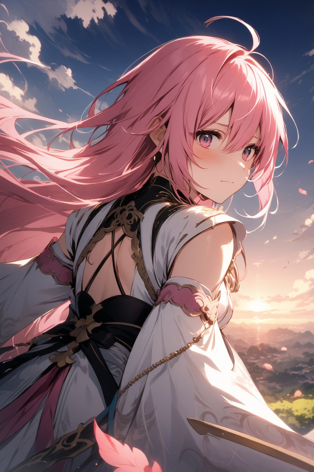 The world of cultivating immortals. Female. Pink hair, white clothes, with cloud patterns on the clothes. Pretending to be pitiful