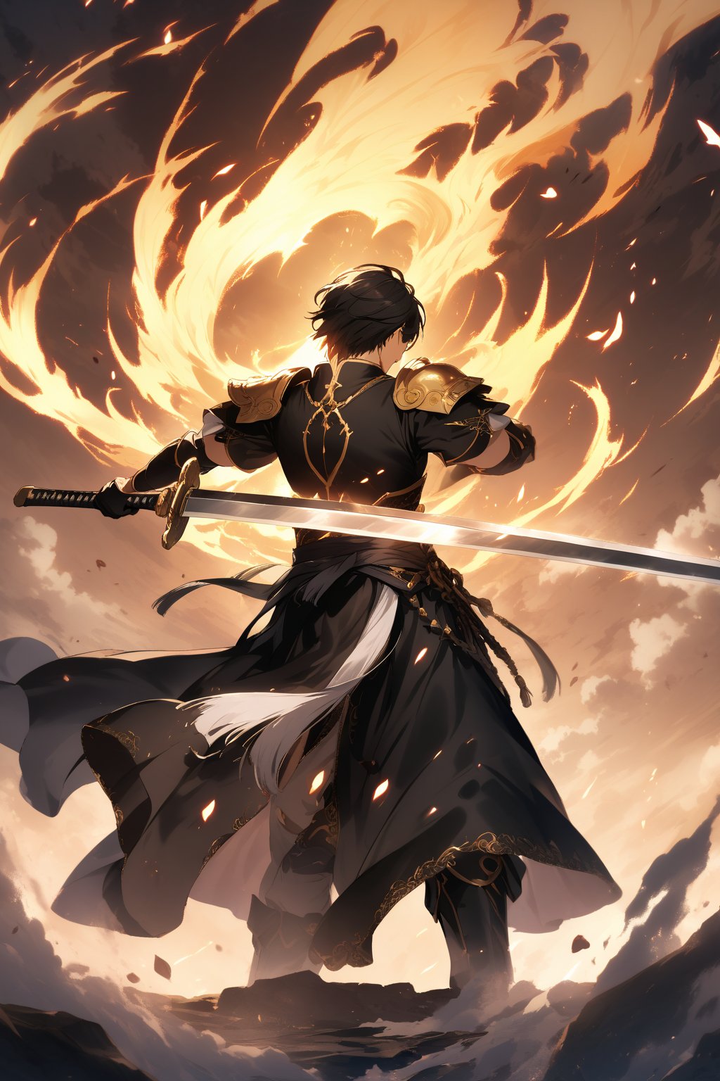 The world of cultivating immortals. Male. Black hair. Black clothes. Domineering. Attacks with a sword. Exudes a powerful aura.