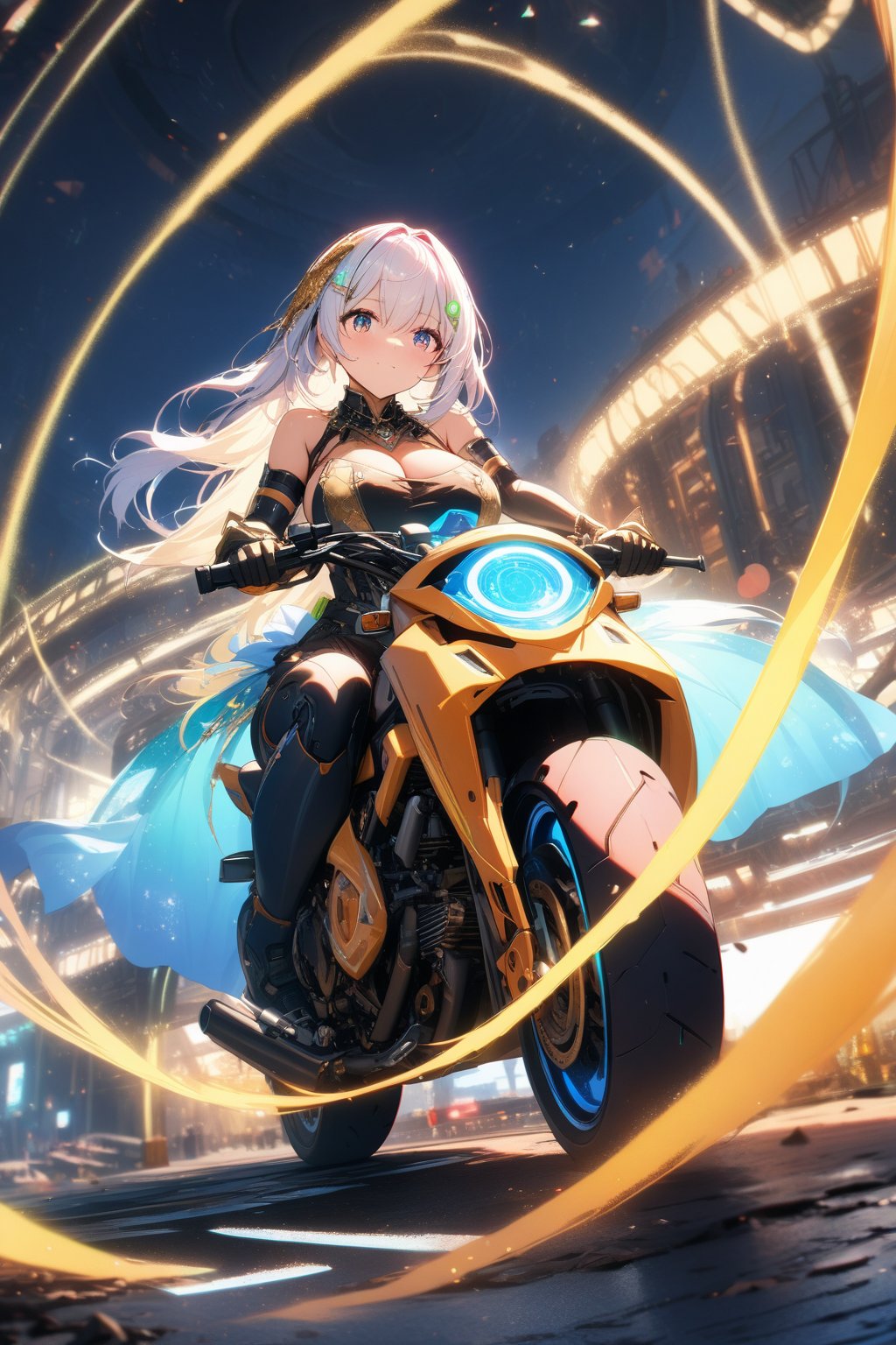 cgmech, machine parts, (riding a motorcycle). white glitter hair, neon, 8K, RAW, best quality, masterpiece, ultra high resolution, colorful, (medium wide angle lens), (dynamic perspective), sharp focus, (depth of field, bokeh Scenery): 1.3), extremely detailed eyes and face, beautiful detailed eyes, big breasts, (black gold, trimmed costume: 1.2), (Future Weapon Factory: 1.2), ((masterpiece, best quality)), detailed background with spaceship inside