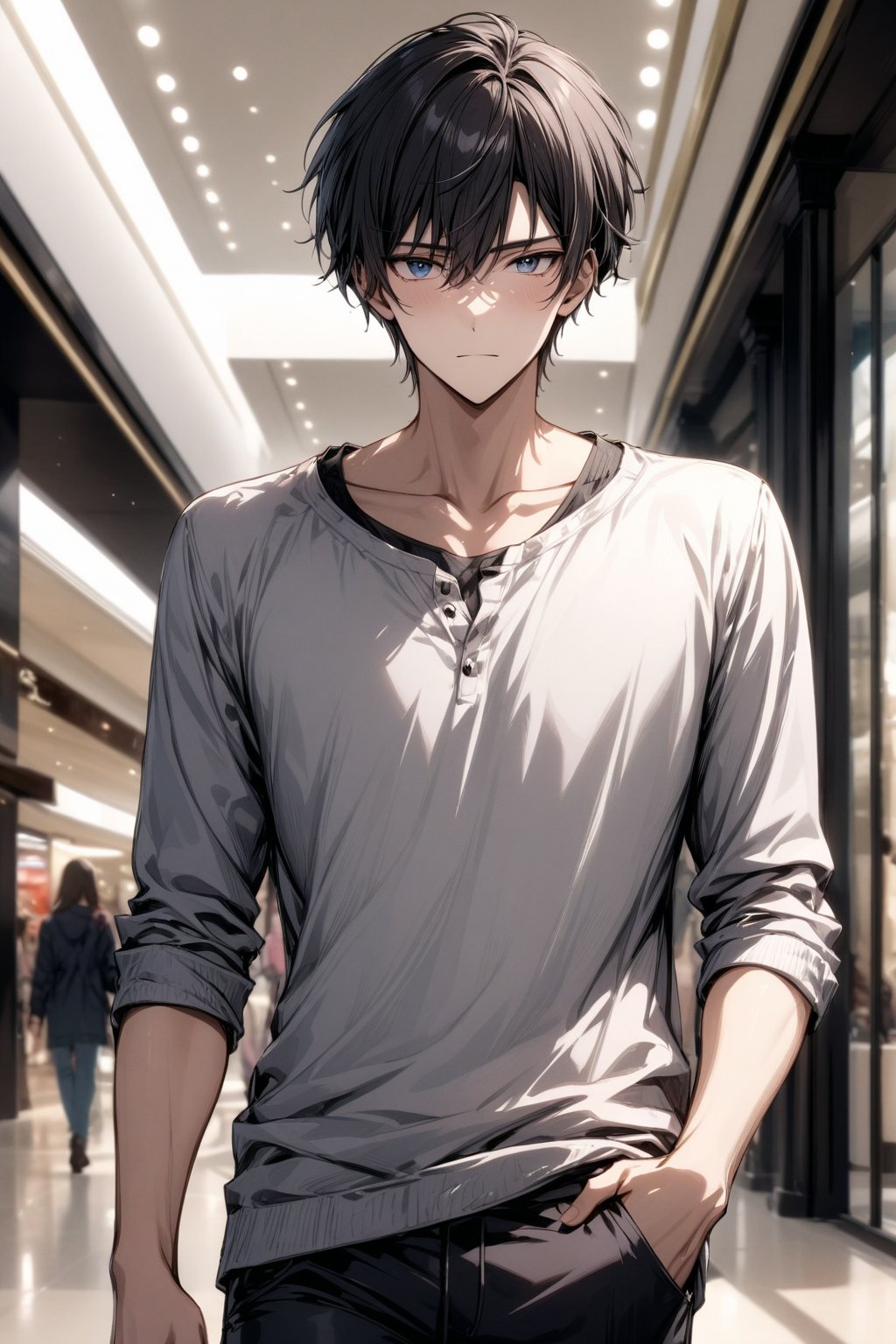 At the mall. male. Tall and handsome, with a cold and arrogant temperament and firm eyes. black hair. casual wear