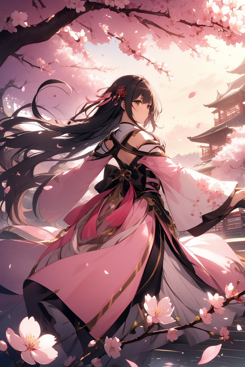 The world of cultivating immortals. Girl. Black hair. Pink and white clothes. Cherry blossoms. Petals are flying.