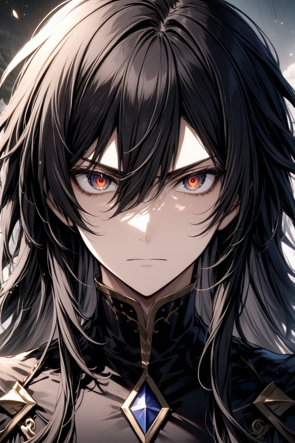 The world of cultivating immortals. Male. Long black hair. Black clothes. Stern face. Sharp eyes.