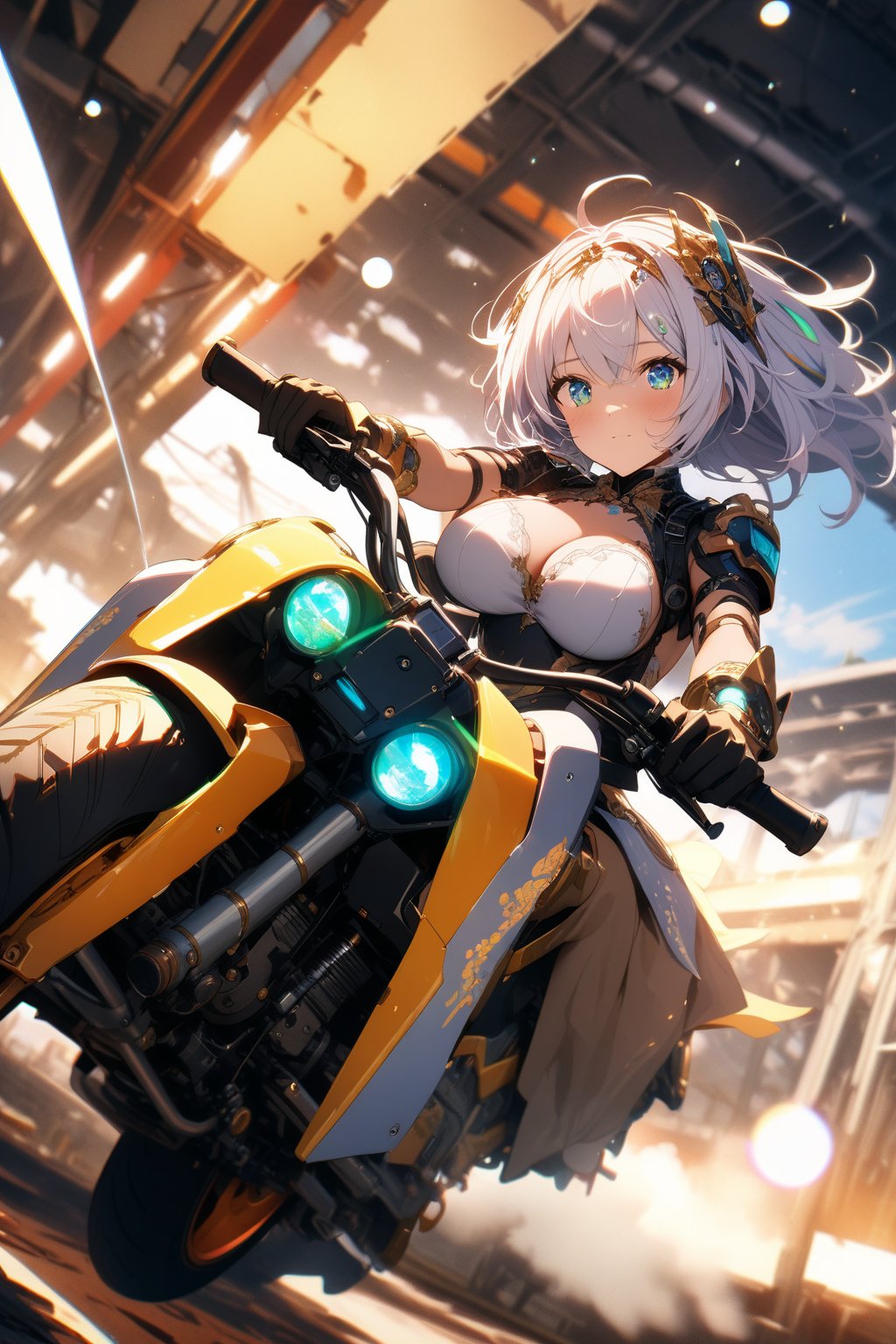 cgmech, machine parts, (riding a motorcycle). white glitter hair, neon, 8K, RAW, best quality, masterpiece, ultra high resolution, colorful, (medium wide angle lens), (dynamic perspective), sharp focus, (depth of field, bokeh Scenery): 1.3), extremely detailed eyes and face, beautiful detailed eyes, big breasts, (black gold, trimmed costume: 1.2), (Future Weapon Factory: 1.2), ((masterpiece, best quality)), detailed background with spaceship inside