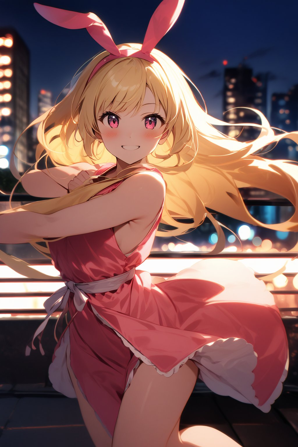 A sweet martial arts enthusiast poses with a charming smile, wearing a bright pink dress and matching bunny ear headband. Her long blonde locks fall down her back in soft waves as she strikes a dynamic pose, fists clenched and feet shoulder-width apart. The background is a blurred cityscape at dusk, with warm streetlights illuminating the scene.