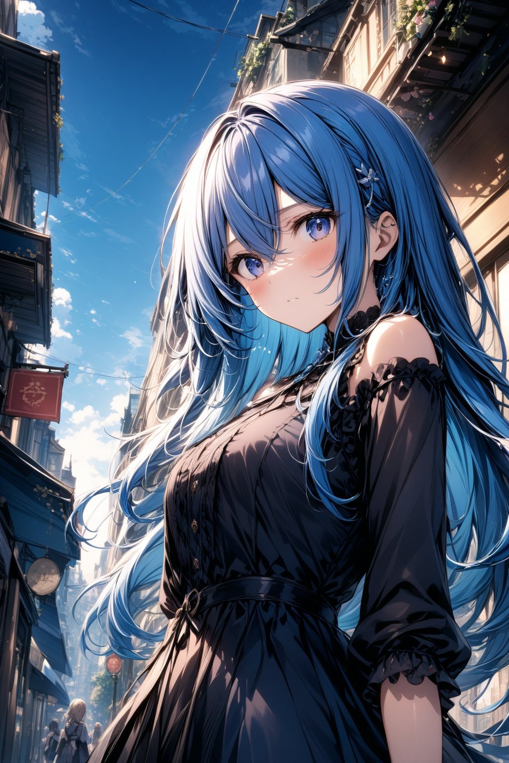 in the city. female. Long blue hair.