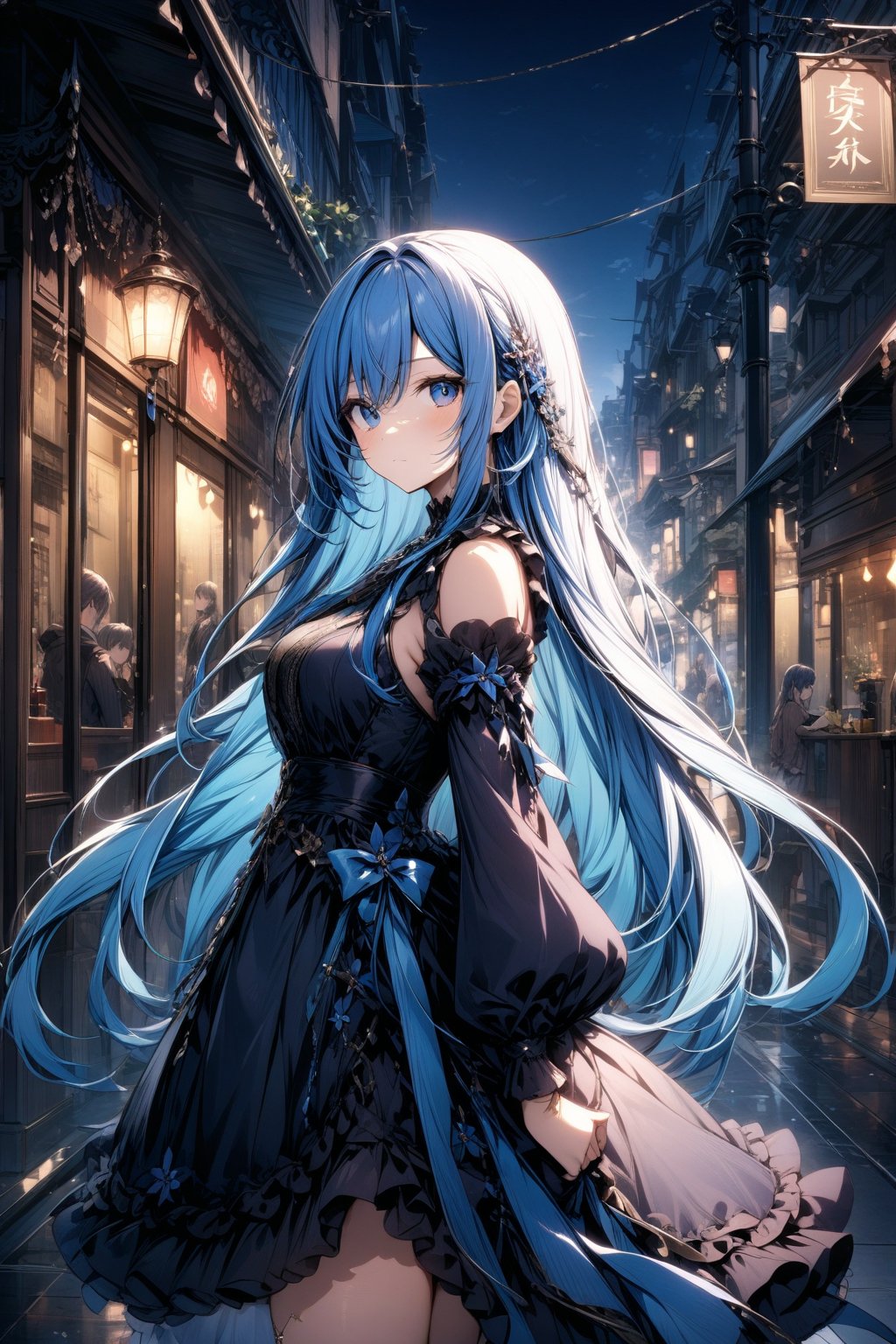 in the city. female. Long blue hair.