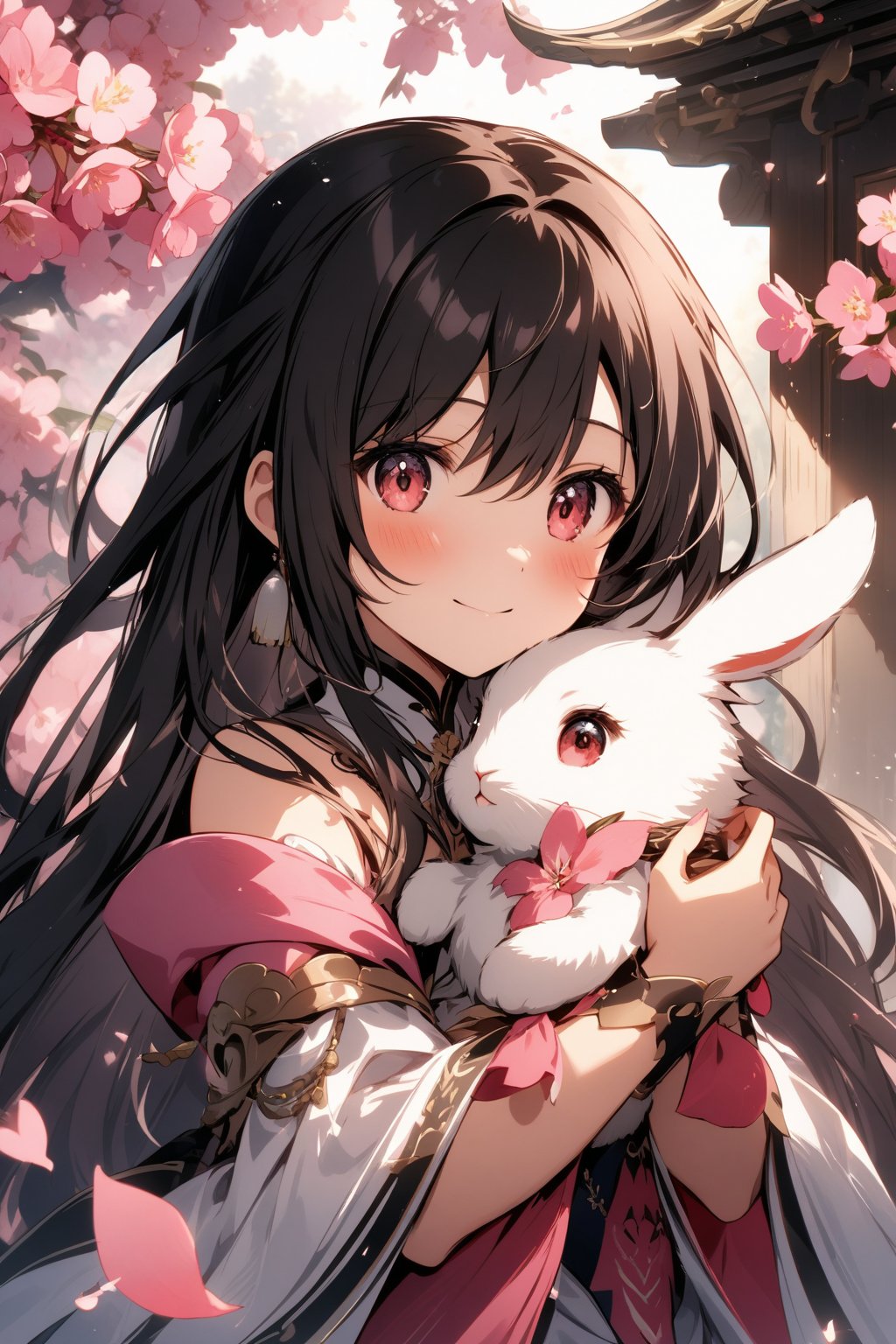 The world of cultivating immortals. girl. black hair. Pink and white clothes. Holding rabbit.Happy