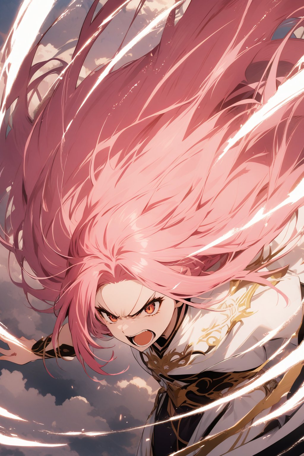 The world of cultivating immortals. female. Pink hair, white clothes, and cloud patterns on the clothes. (Angry. Open your mouth)