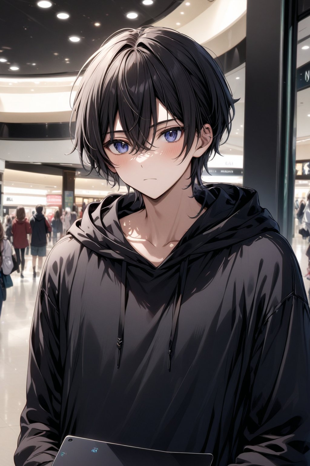 At the mall. Male hacker. black hair. black hooded shirt