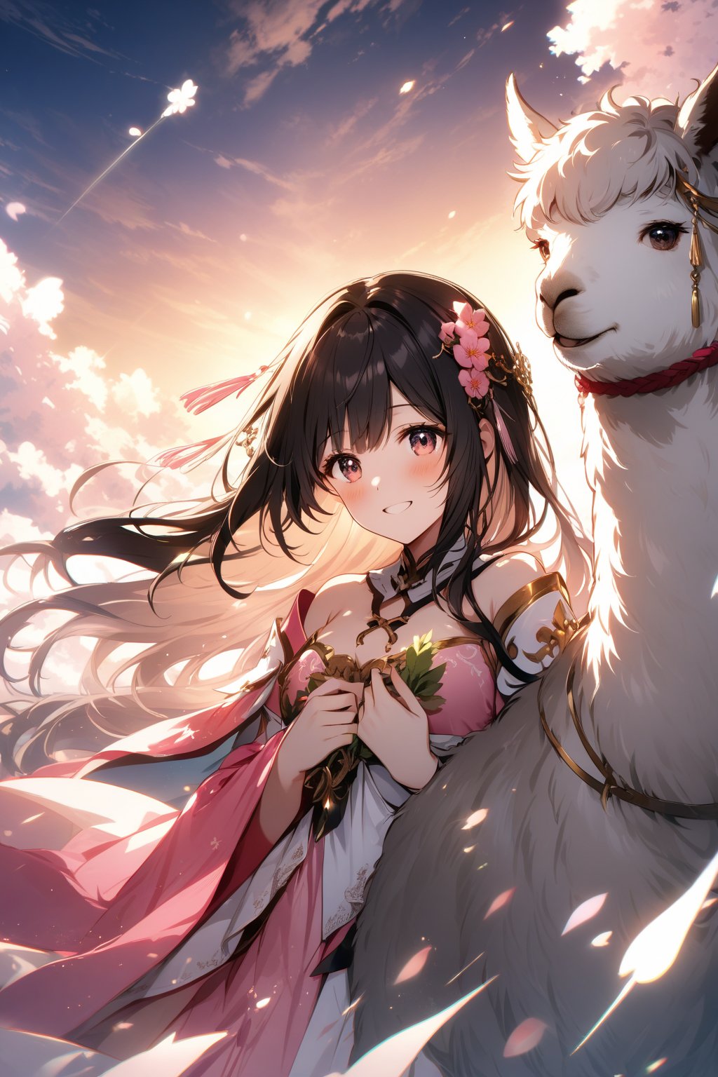 The world of cultivating immortals. girl. black hair. Pink and white clothes. White alpaca.Happy