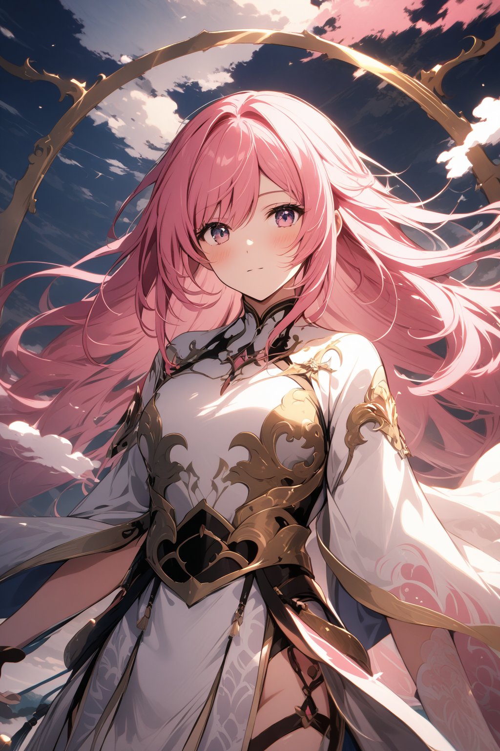 The world of cultivating immortals. Female. Pink hair, white clothes, with cloud patterns on the clothes.