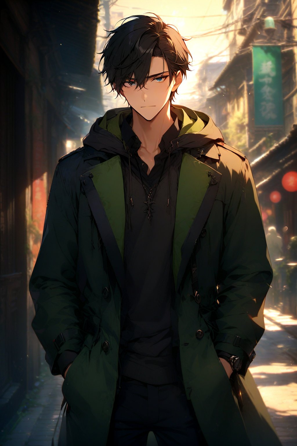 Urban style. Male. Tall and handsome, cold and arrogant temperament, firm eyes. Black hair