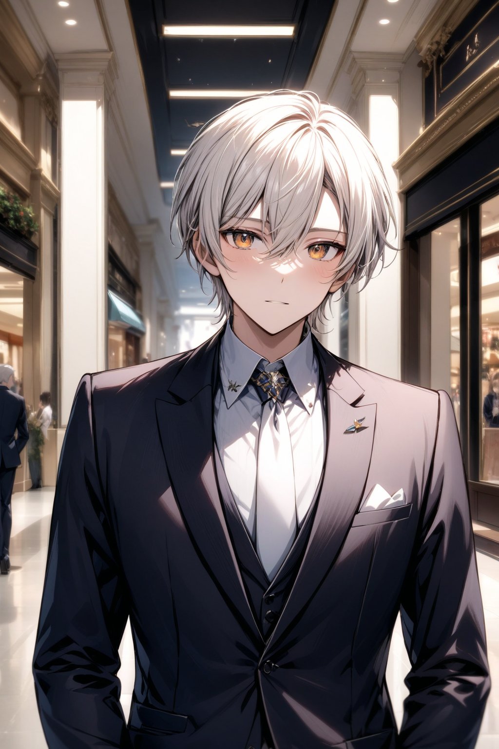 In the mall. Male. Soft and elegant, with a fresh temperament and warm eyes. white hair. wear a suit