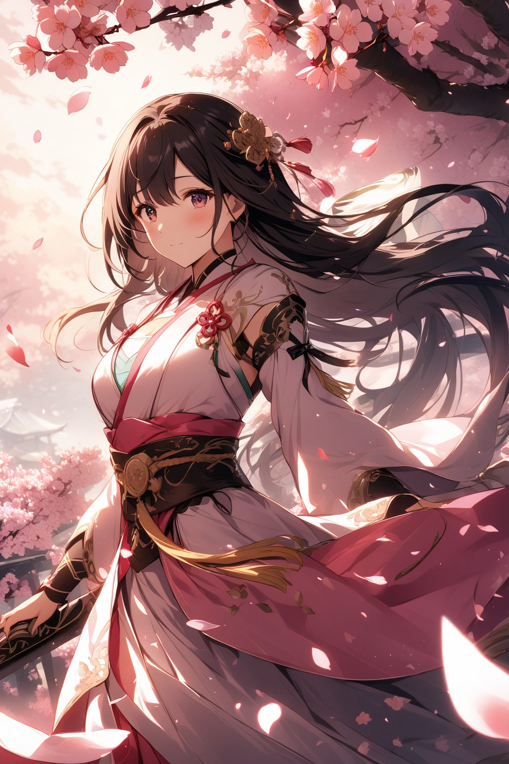 The world of cultivating immortals. Girl. Black hair. Pink and white clothes. Cherry blossoms. Petals are flying.