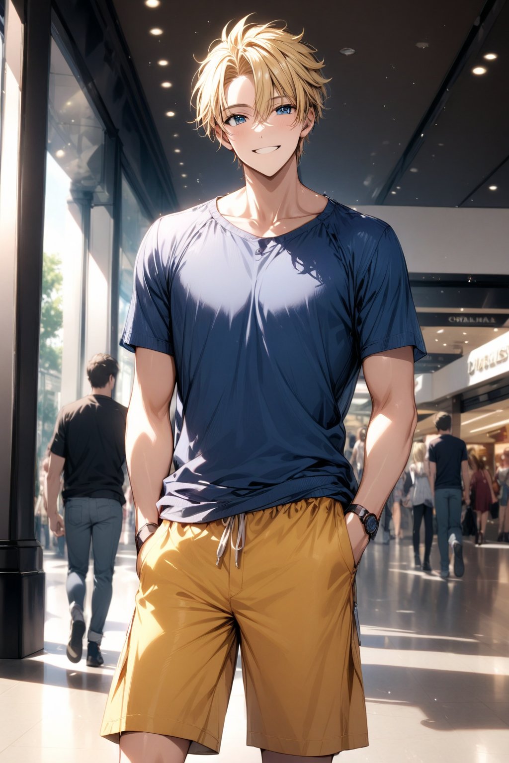 At the mall. male. A sunny, handsome and athletic boy with a bright smile. blond