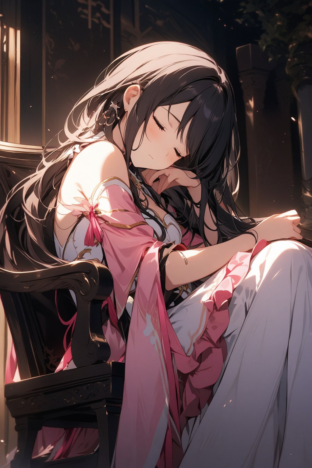 The world of cultivating immortals. girl. black hair. Pink and white clothes. Sitting on a chair. Asleep