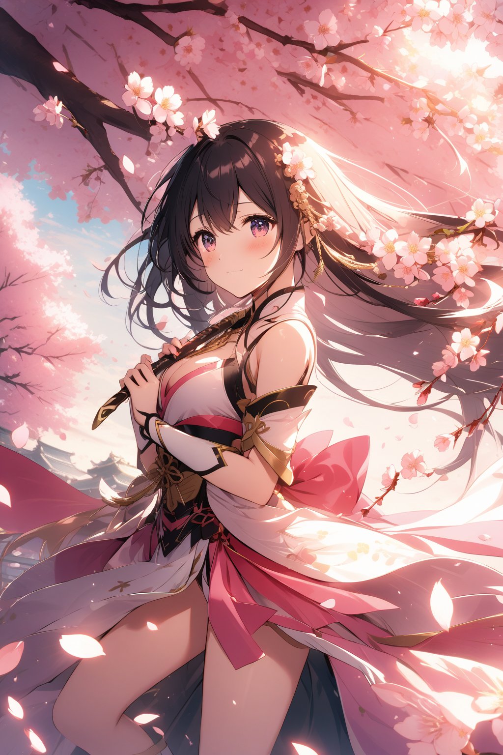 The world of cultivating immortals. Girl. Black hair. Pink and white clothes. Cherry blossoms. Petals are flying.