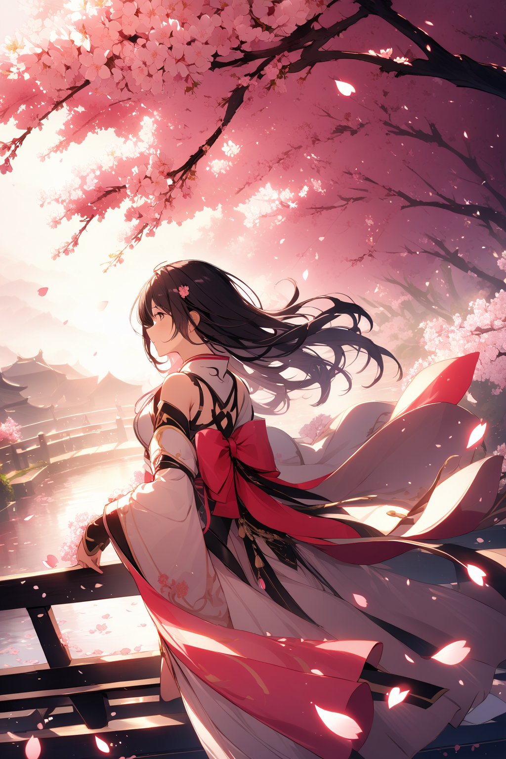 The world of cultivating immortals. Girl. Black hair. Pink and white clothes. Cherry blossoms. Petals are flying.