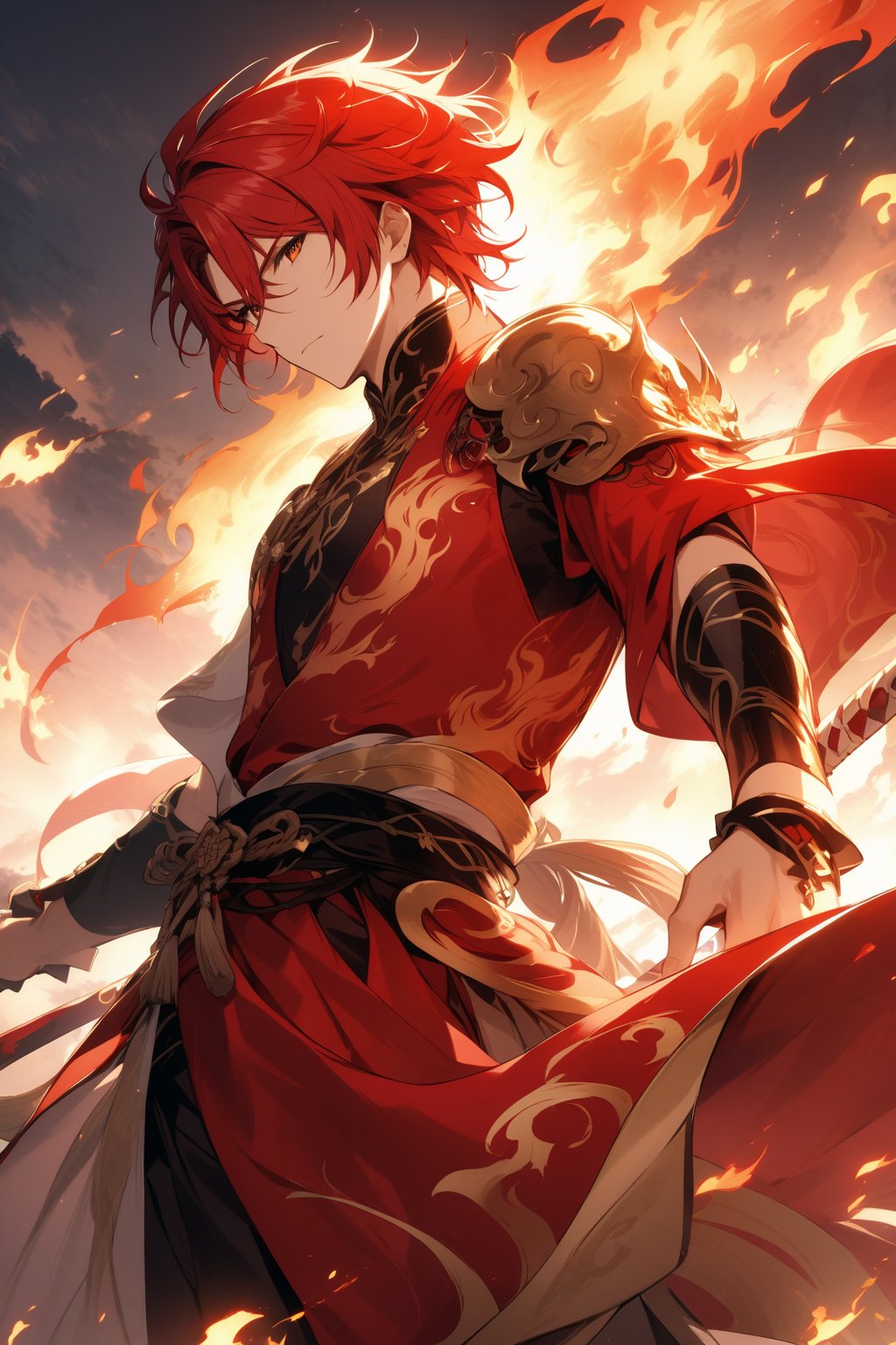 The world of cultivating immortals. Male. Red hair. Red clothes. There are flame patterns on the clothes.