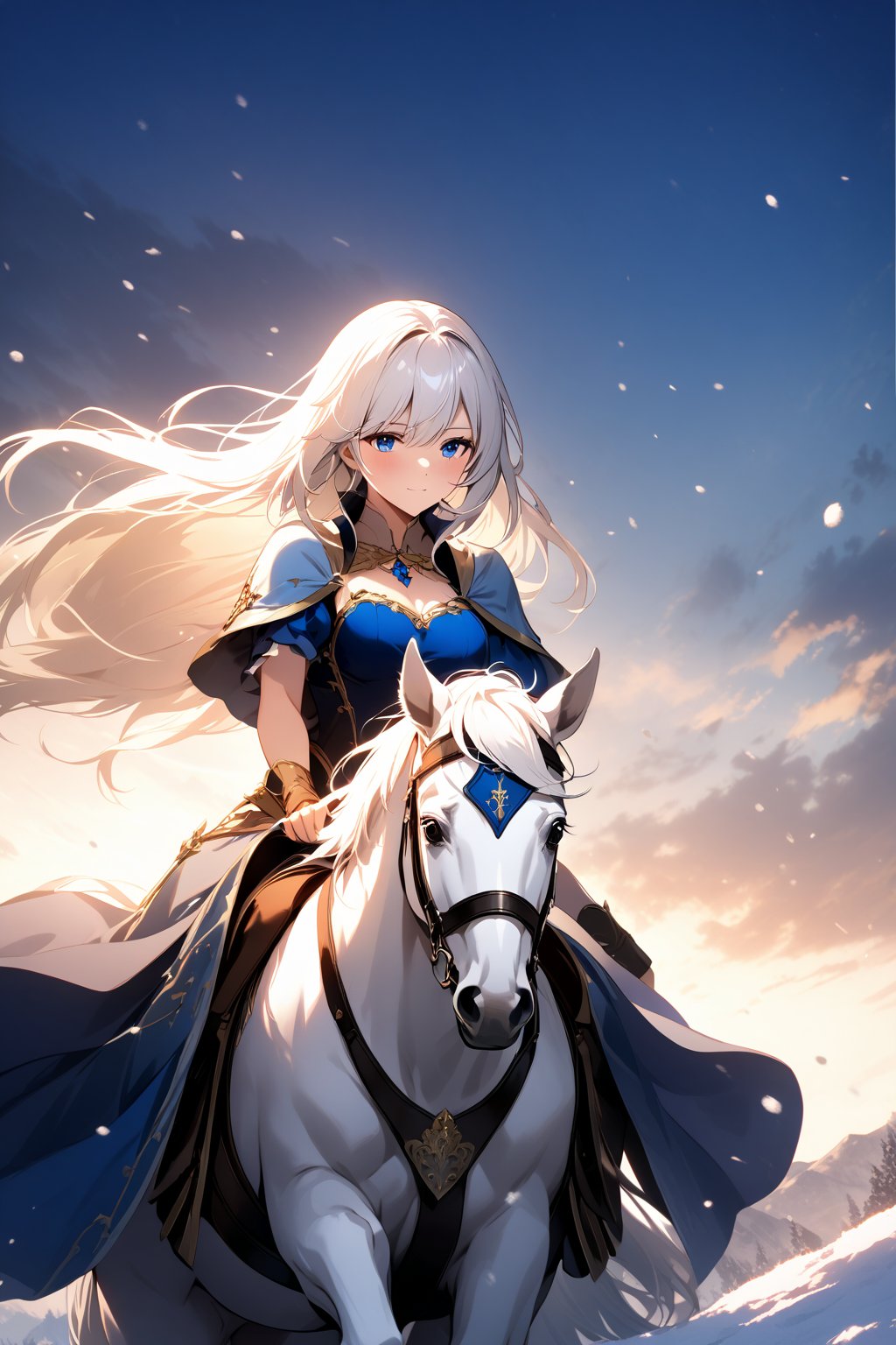 The world of cultivating immortals. female. .((white hair.white-blue clothes)). Half-length photo. riding a snow white horse